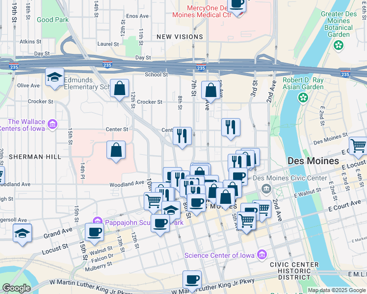 map of restaurants, bars, coffee shops, grocery stores, and more near 750 Park Street in Des Moines