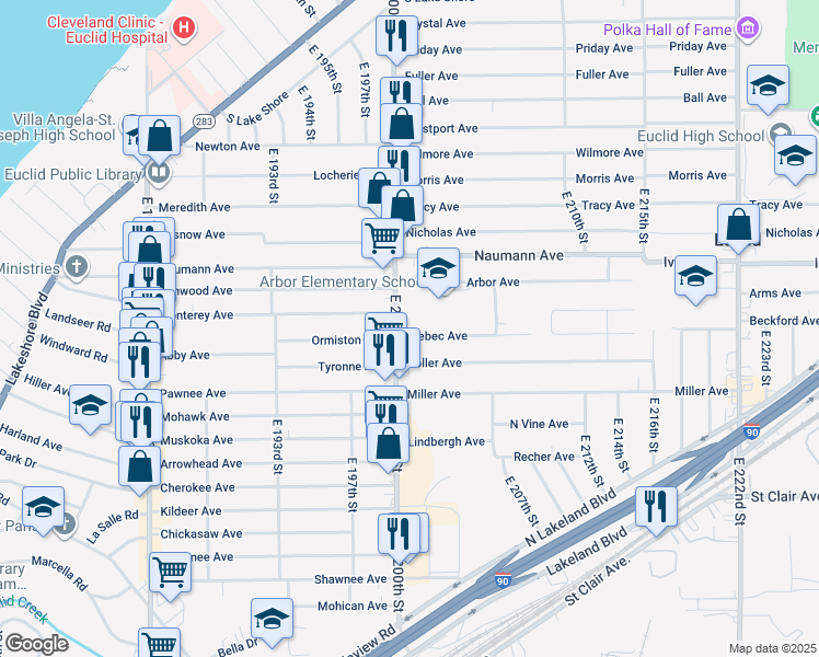 map of restaurants, bars, coffee shops, grocery stores, and more near 567 East 200th Street in Euclid