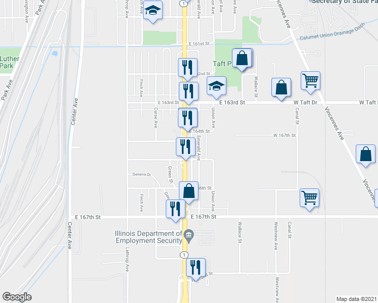 map of restaurants, bars, coffee shops, grocery stores, and more near 16435 Halsted Street in Harvey