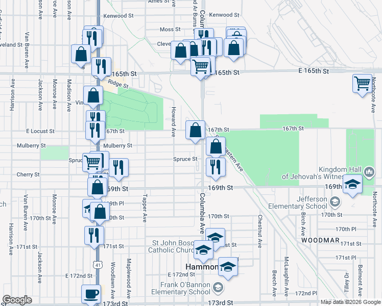 map of restaurants, bars, coffee shops, grocery stores, and more near 1133 Spruce Street in Hammond