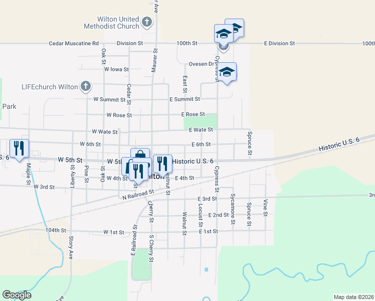 map of restaurants, bars, coffee shops, grocery stores, and more near 512 Walnut Street in Wilton