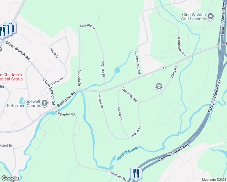 map of restaurants, bars, coffee shops, grocery stores, and more near 1 Aspen Road in Hopewell Junction
