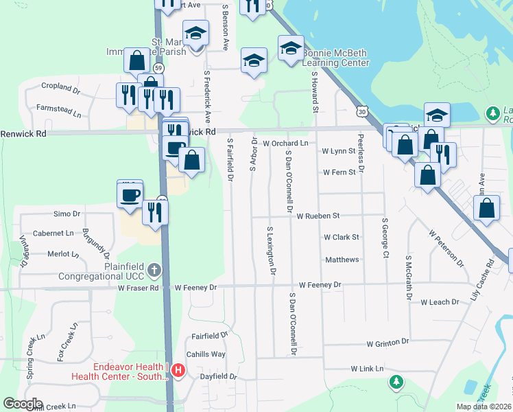 map of restaurants, bars, coffee shops, grocery stores, and more near 16061 South Arbor Drive in Plainfield