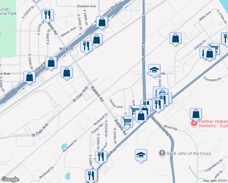 map of restaurants, bars, coffee shops, grocery stores, and more near 25541 Tungsten Road in Euclid
