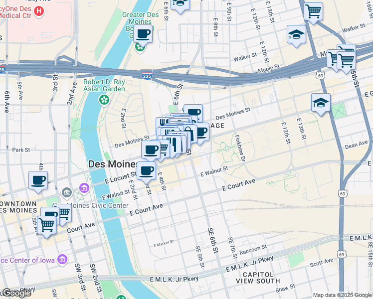 map of restaurants, bars, coffee shops, grocery stores, and more near 414 E 6th St in Des Moines
