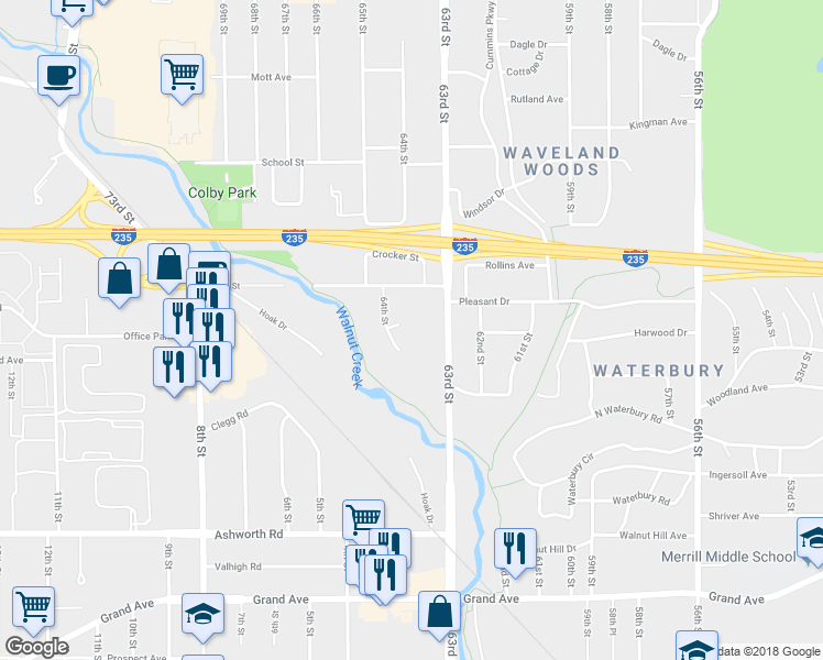 map of restaurants, bars, coffee shops, grocery stores, and more near 6340 Harwood Court in Des Moines