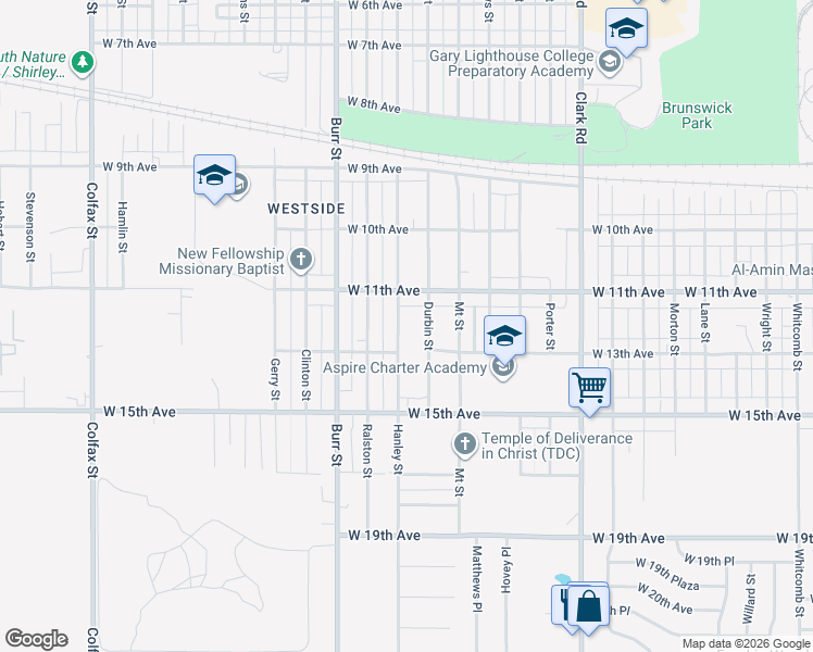 map of restaurants, bars, coffee shops, grocery stores, and more near 1153 Hanley Street in Gary