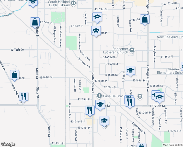 map of restaurants, bars, coffee shops, grocery stores, and more near 16746 South Park Avenue in South Holland