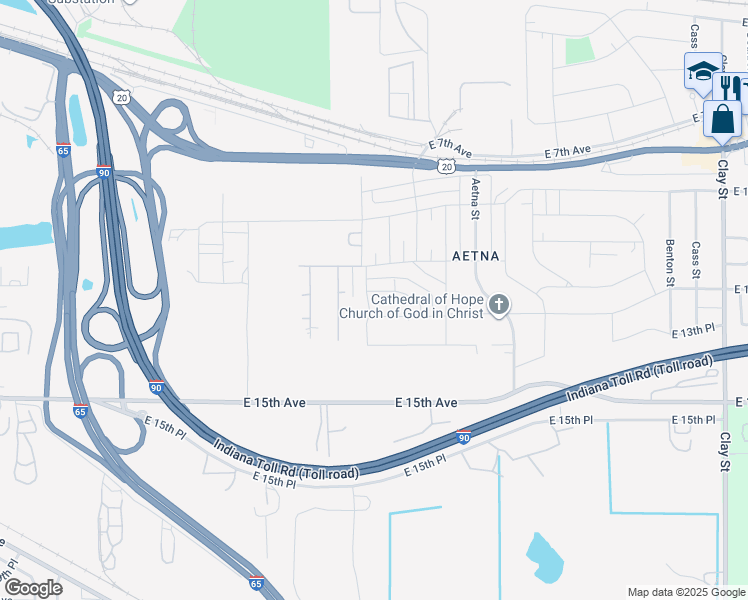map of restaurants, bars, coffee shops, grocery stores, and more near 1245 Idaho Street in Gary