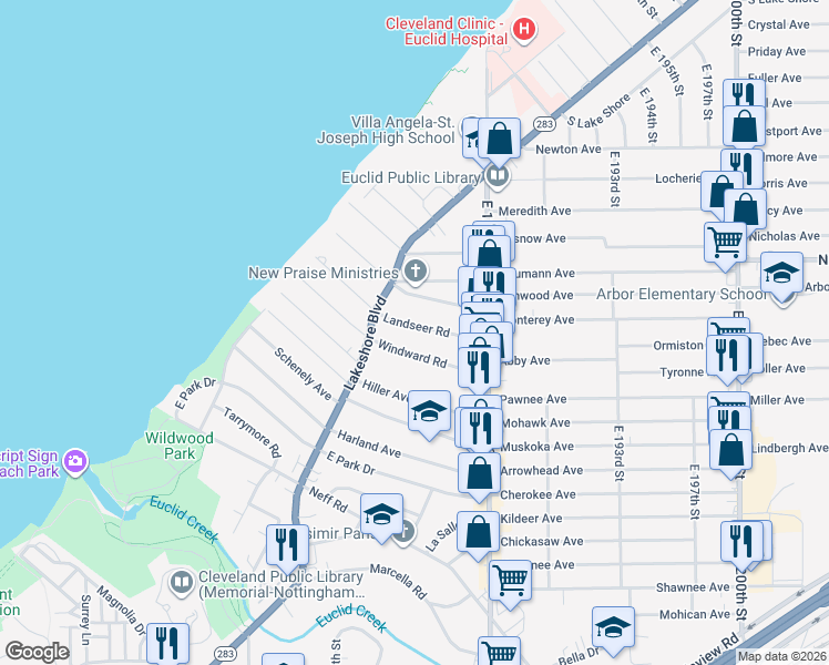 map of restaurants, bars, coffee shops, grocery stores, and more near 18200 Landseer Road in Cleveland