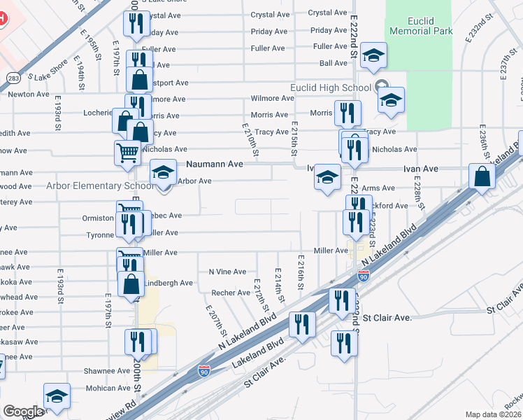 map of restaurants, bars, coffee shops, grocery stores, and more near 21261 Milan Drive in Euclid