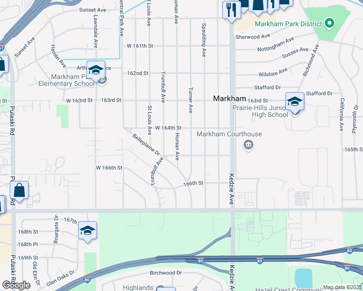 map of restaurants, bars, coffee shops, grocery stores, and more near 16439 Homan Ave in Markham
