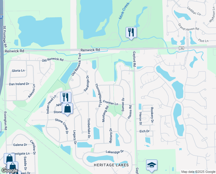 map of restaurants, bars, coffee shops, grocery stores, and more near 3725 Mustang Road in Joliet