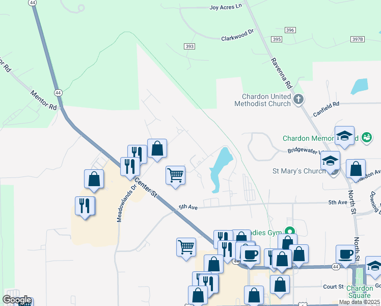 map of restaurants, bars, coffee shops, grocery stores, and more near 305 Park Drive in Chardon