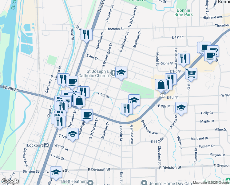 map of restaurants, bars, coffee shops, grocery stores, and more near 604 Madison Street in Lockport