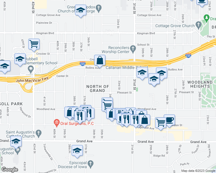 map of restaurants, bars, coffee shops, grocery stores, and more near 718 34th Street in Des Moines
