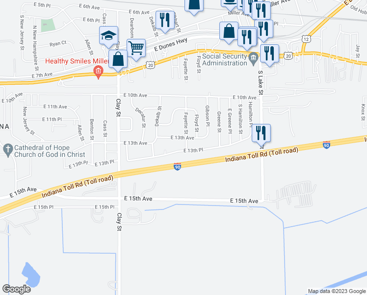 map of restaurants, bars, coffee shops, grocery stores, and more near 1314 Fayette Street in Gary
