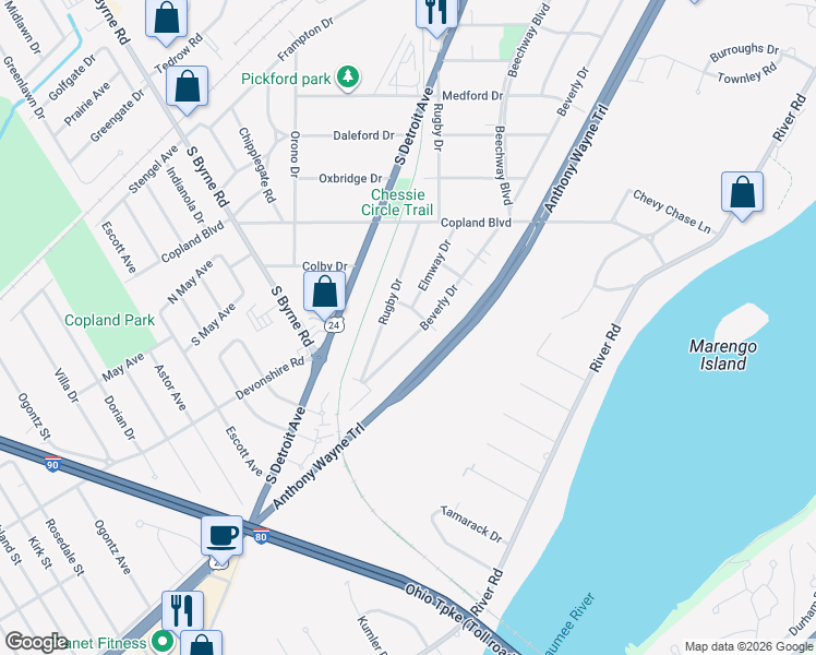 map of restaurants, bars, coffee shops, grocery stores, and more near 4316 Beverly Drive in Toledo