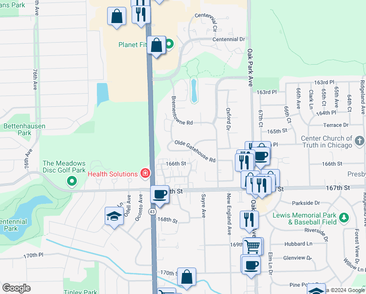 map of restaurants, bars, coffee shops, grocery stores, and more near 7060 Coachwood Trail in Tinley Park