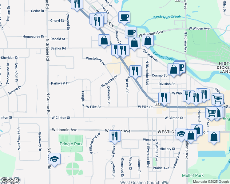 map of restaurants, bars, coffee shops, grocery stores, and more near 401 Kansas Drive in Goshen