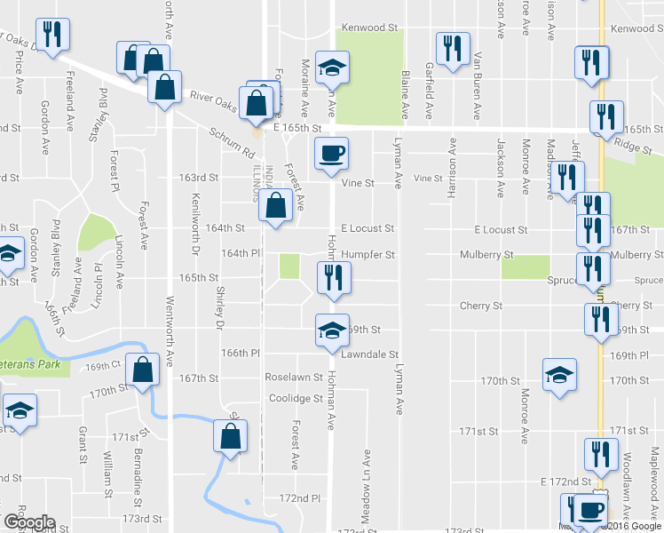 map of restaurants, bars, coffee shops, grocery stores, and more near 6740 Hohman Avenue in Hammond