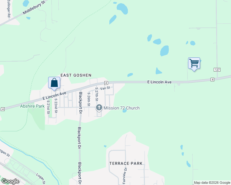 map of restaurants, bars, coffee shops, grocery stores, and more near 114 South 29th Street in Goshen