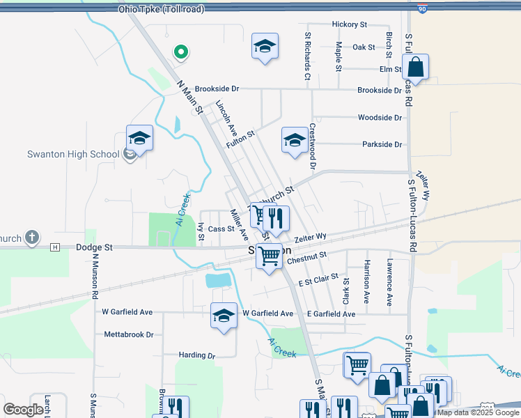 map of restaurants, bars, coffee shops, grocery stores, and more near 104 Church St in Swanton