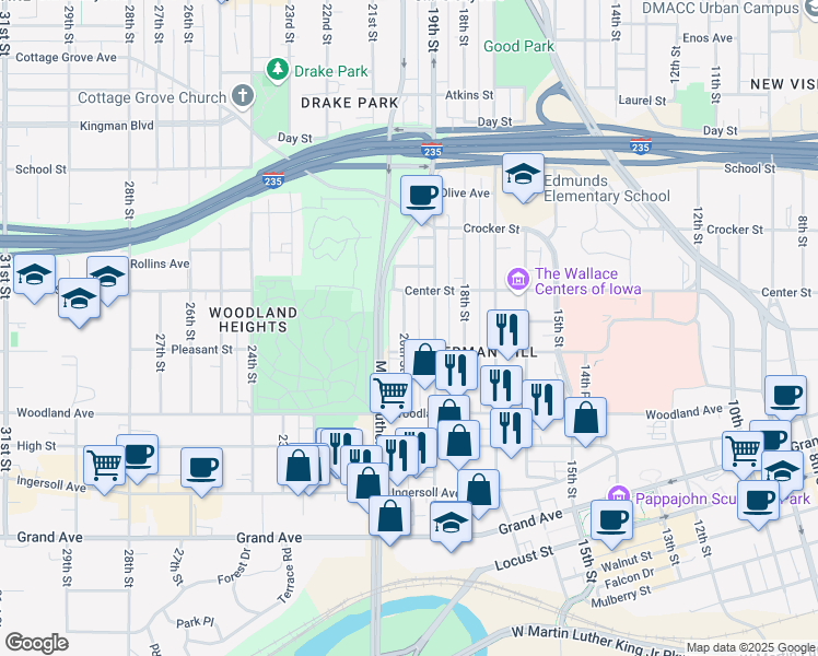 map of restaurants, bars, coffee shops, grocery stores, and more near 723 20th Street in Des Moines