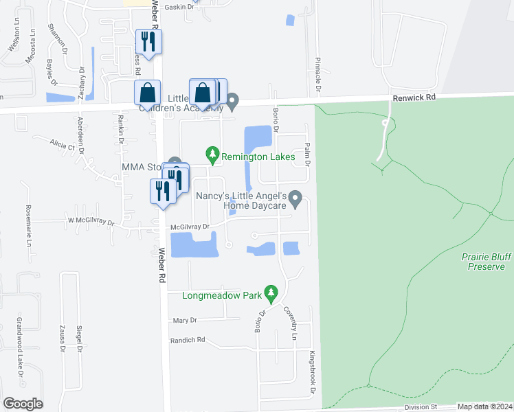 map of restaurants, bars, coffee shops, grocery stores, and more near 20521 Superior Court in Crest Hill