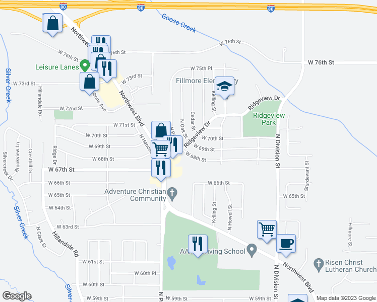 map of restaurants, bars, coffee shops, grocery stores, and more near 2116 West 68th Street in Davenport