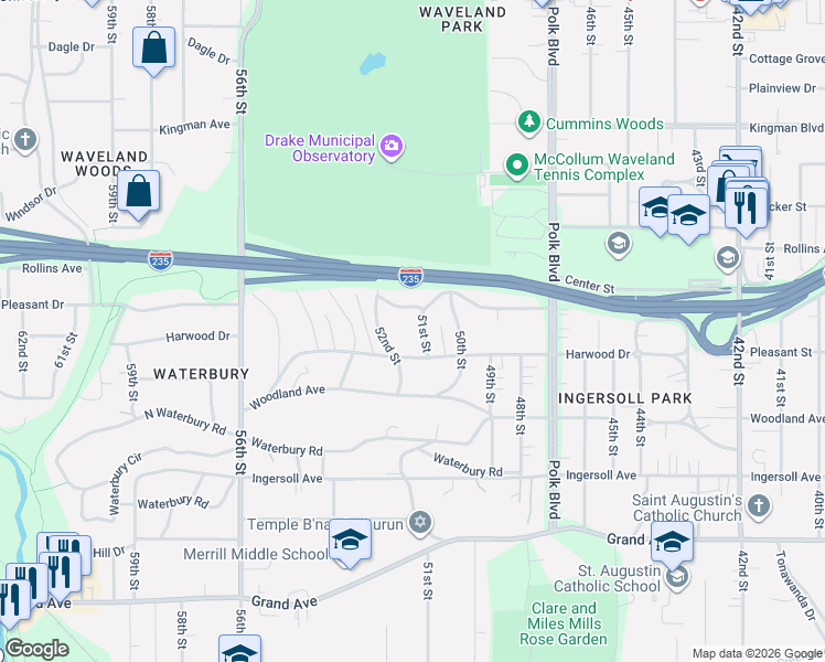 map of restaurants, bars, coffee shops, grocery stores, and more near 720 51st Street in Des Moines