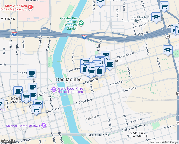 map of restaurants, bars, coffee shops, grocery stores, and more near 425 East Grand Avenue in Des Moines