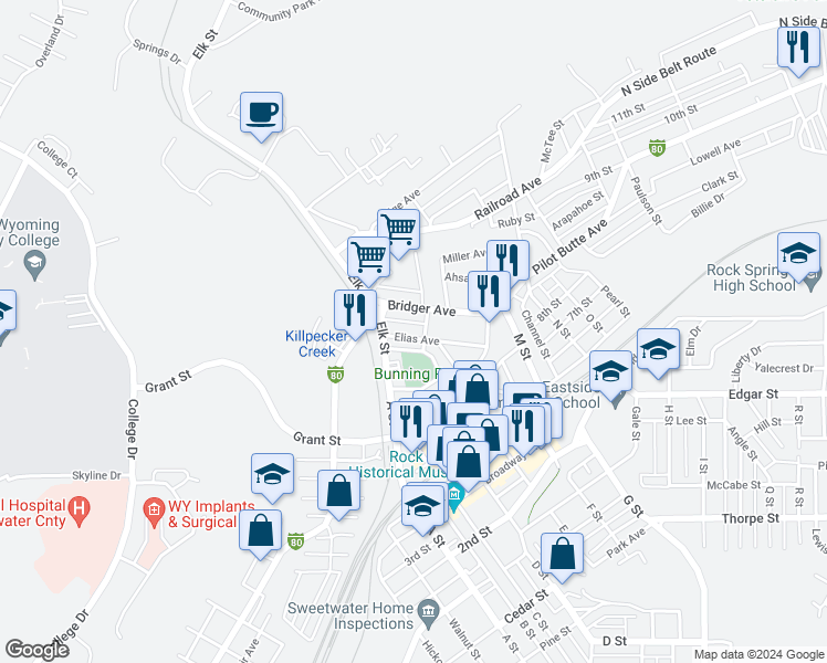 map of restaurants, bars, coffee shops, grocery stores, and more near 421 Elias Ave in Rock Springs