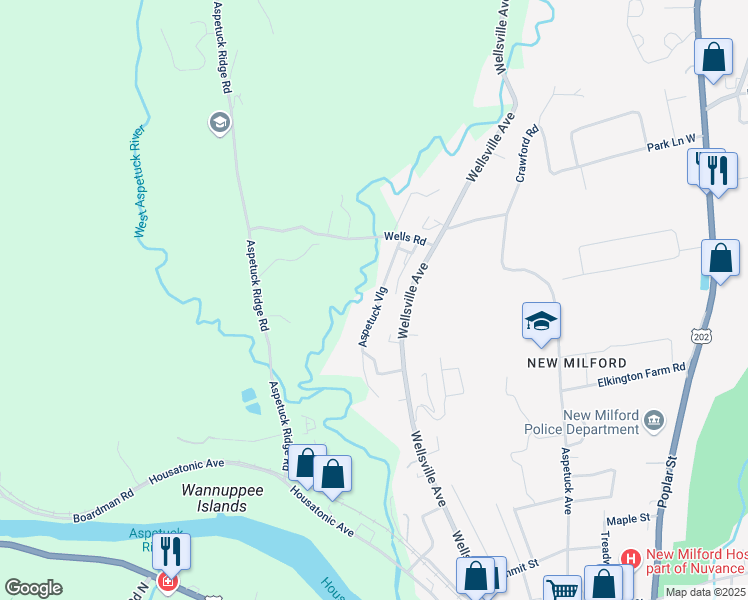 map of restaurants, bars, coffee shops, grocery stores, and more near 96 Aspetuck Village in New Milford