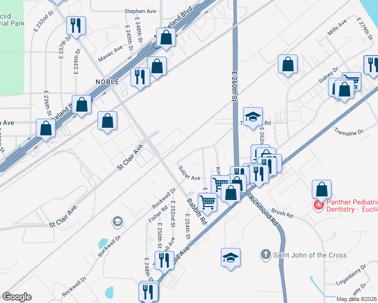 map of restaurants, bars, coffee shops, grocery stores, and more near 25541 Tungsten Road in Euclid