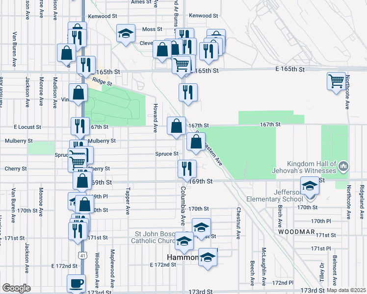 map of restaurants, bars, coffee shops, grocery stores, and more near 6749 Columbia Avenue in Hammond