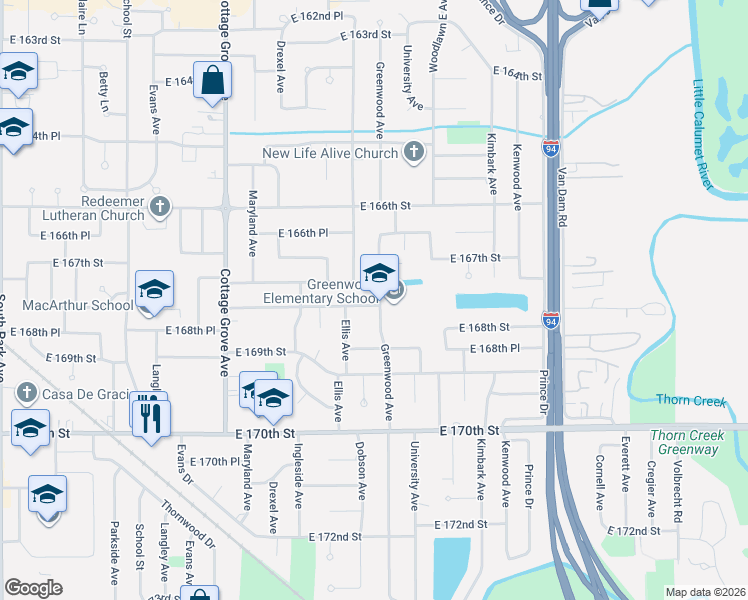map of restaurants, bars, coffee shops, grocery stores, and more near 16752 Greenwood Avenue in South Holland