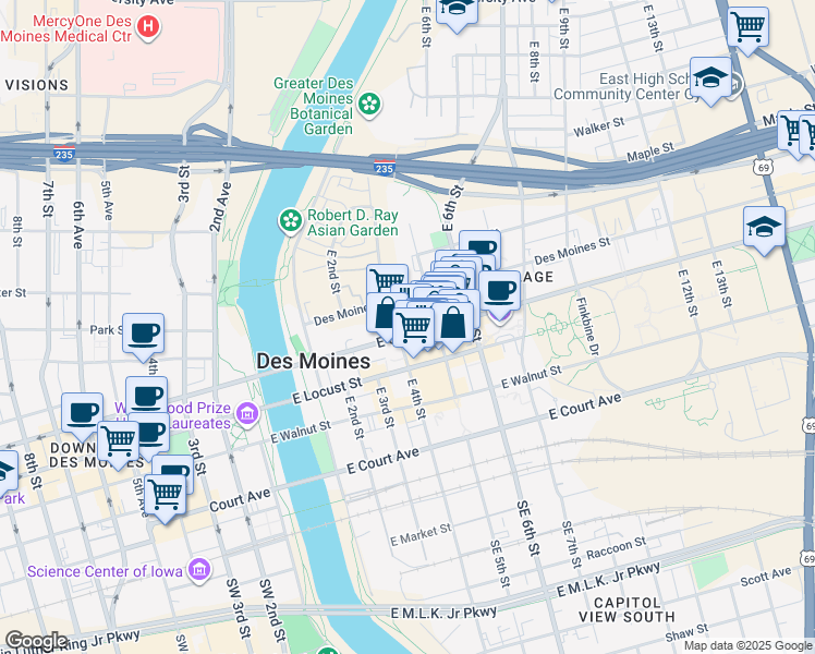 map of restaurants, bars, coffee shops, grocery stores, and more near 425 East Grand Avenue in Des Moines