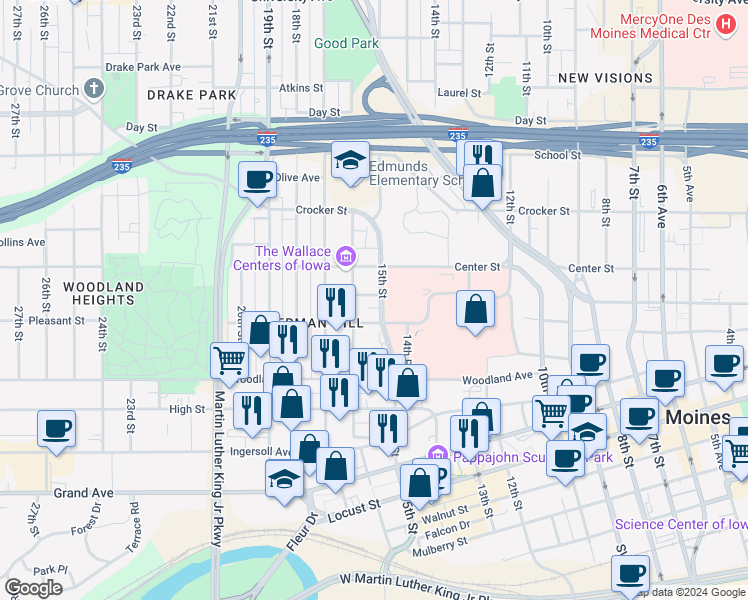 map of restaurants, bars, coffee shops, grocery stores, and more near 1441 Pleasant Street in Des Moines