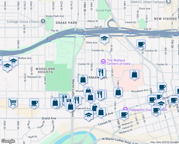 map of restaurants, bars, coffee shops, grocery stores, and more near 717 19th Street in Des Moines