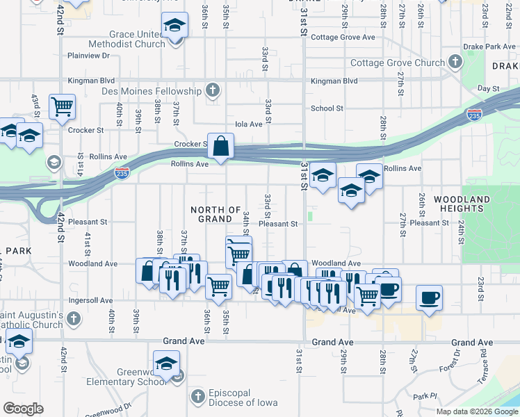 map of restaurants, bars, coffee shops, grocery stores, and more near 711 33rd Street in Des Moines