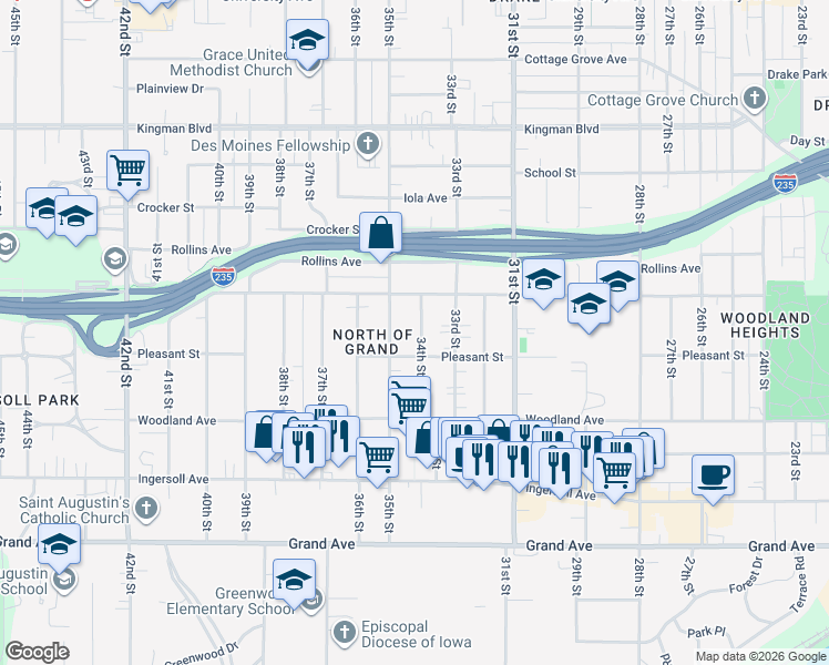 map of restaurants, bars, coffee shops, grocery stores, and more near 718 34th Street in Des Moines