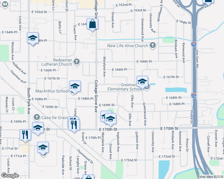 map of restaurants, bars, coffee shops, grocery stores, and more near 856 East 168th Street in South Holland