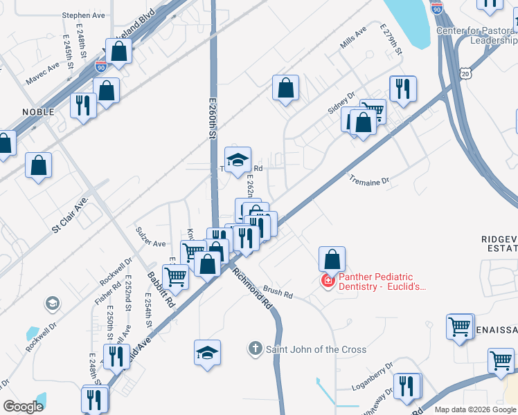 map of restaurants, bars, coffee shops, grocery stores, and more near 26245 Euclid Avenue in Euclid