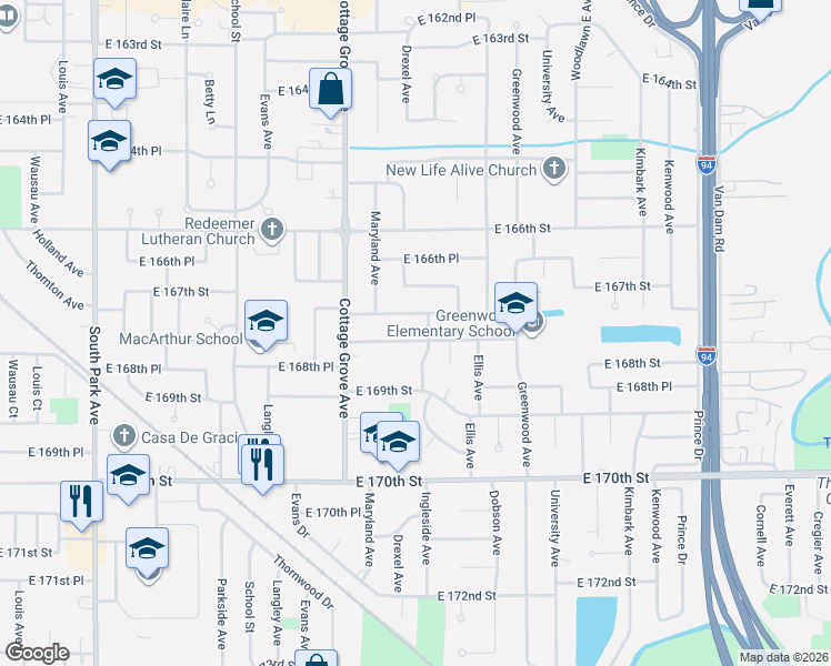 map of restaurants, bars, coffee shops, grocery stores, and more near 856 East 168th Street in South Holland