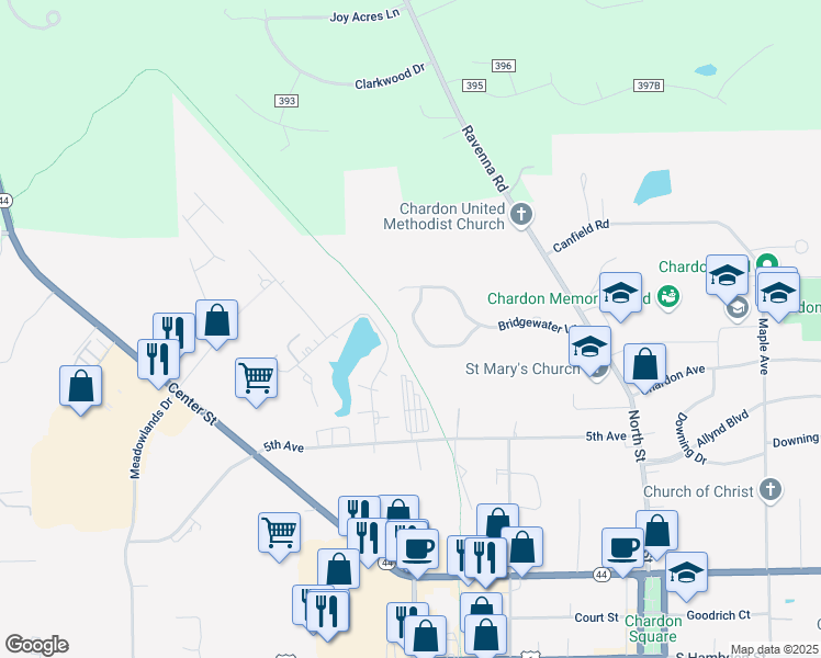 map of restaurants, bars, coffee shops, grocery stores, and more near 127 Chimney Ridge in Chardon