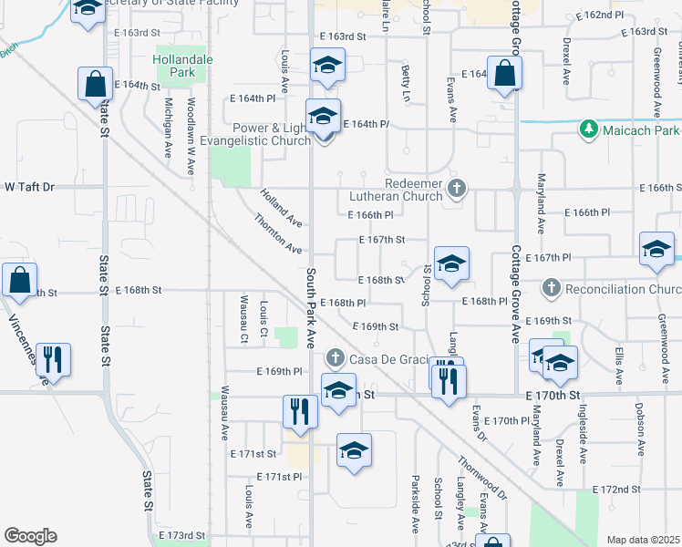 map of restaurants, bars, coffee shops, grocery stores, and more near 16745 Elm Street in South Holland
