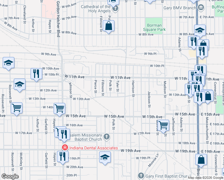 map of restaurants, bars, coffee shops, grocery stores, and more near 1165 Polk Street in Gary