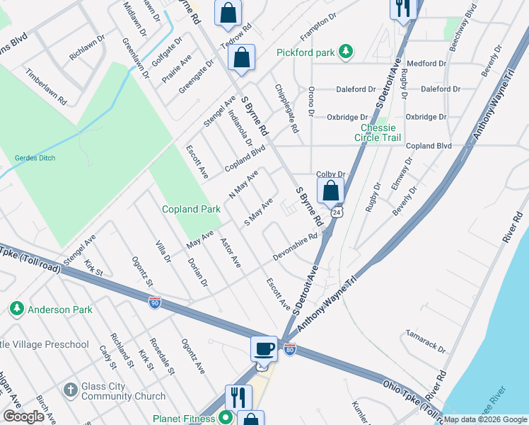 map of restaurants, bars, coffee shops, grocery stores, and more near 4605 S May Ave in Toledo