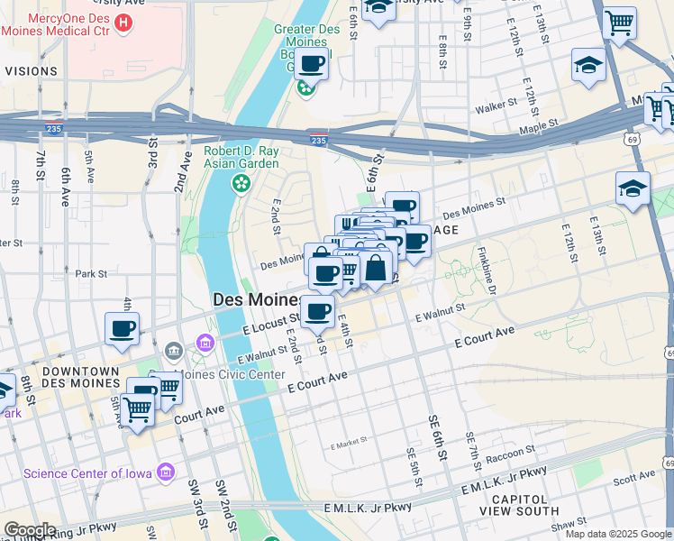 map of restaurants, bars, coffee shops, grocery stores, and more near 425 East Grand Avenue in Des Moines